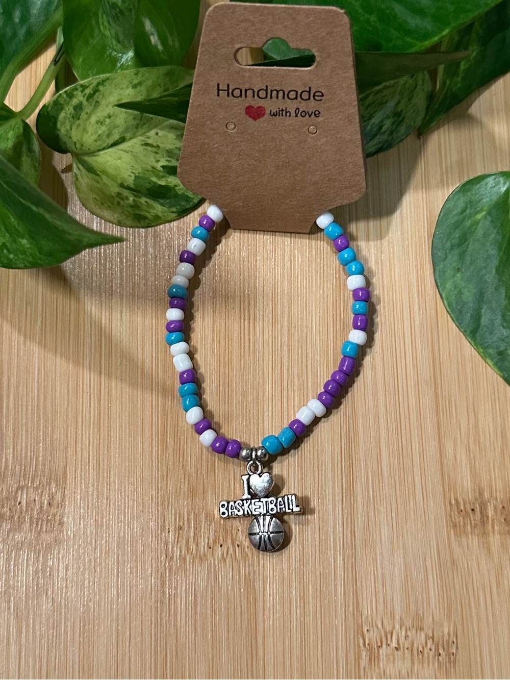 🏀✨ Basketball Stretchy Beaded Bracelet | Handmade |‎ Silver Dangle Charm